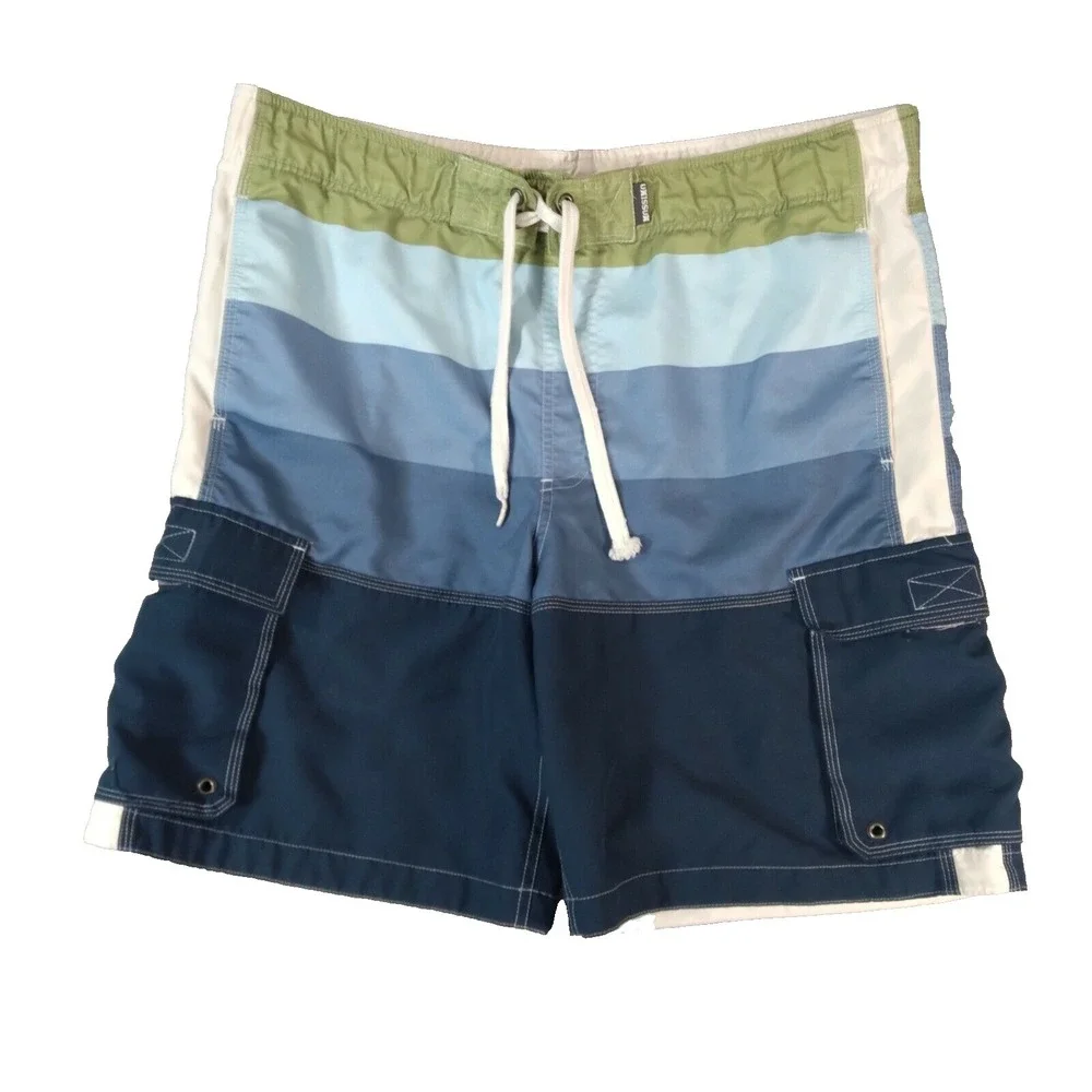 Mossimo surf board shorts swim trunks men's medium blue stripe cargo pockets